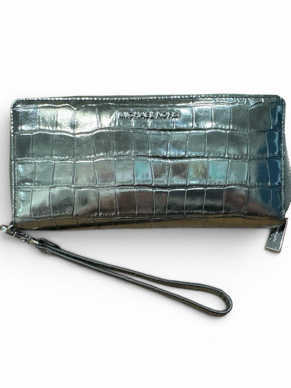 Michael Kors Silver Metallic Croc-Embossed Wristlet Clutch